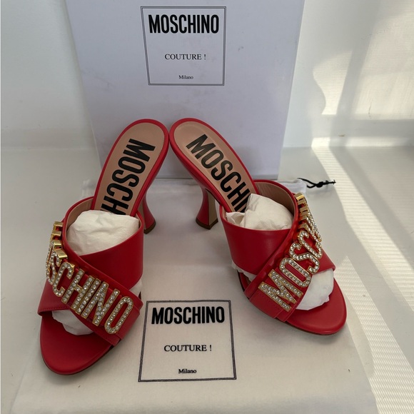 Moschino Couture Crystal Embellished Leather Mule Orange Sandal NWT Size 6 - Picture 8 of 14